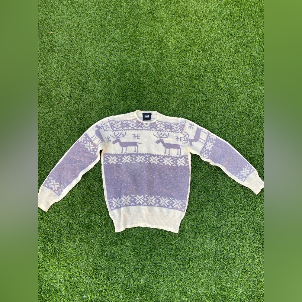 D&G Cream and Lavender Reindeer Fair Isle Crewneck Sweater